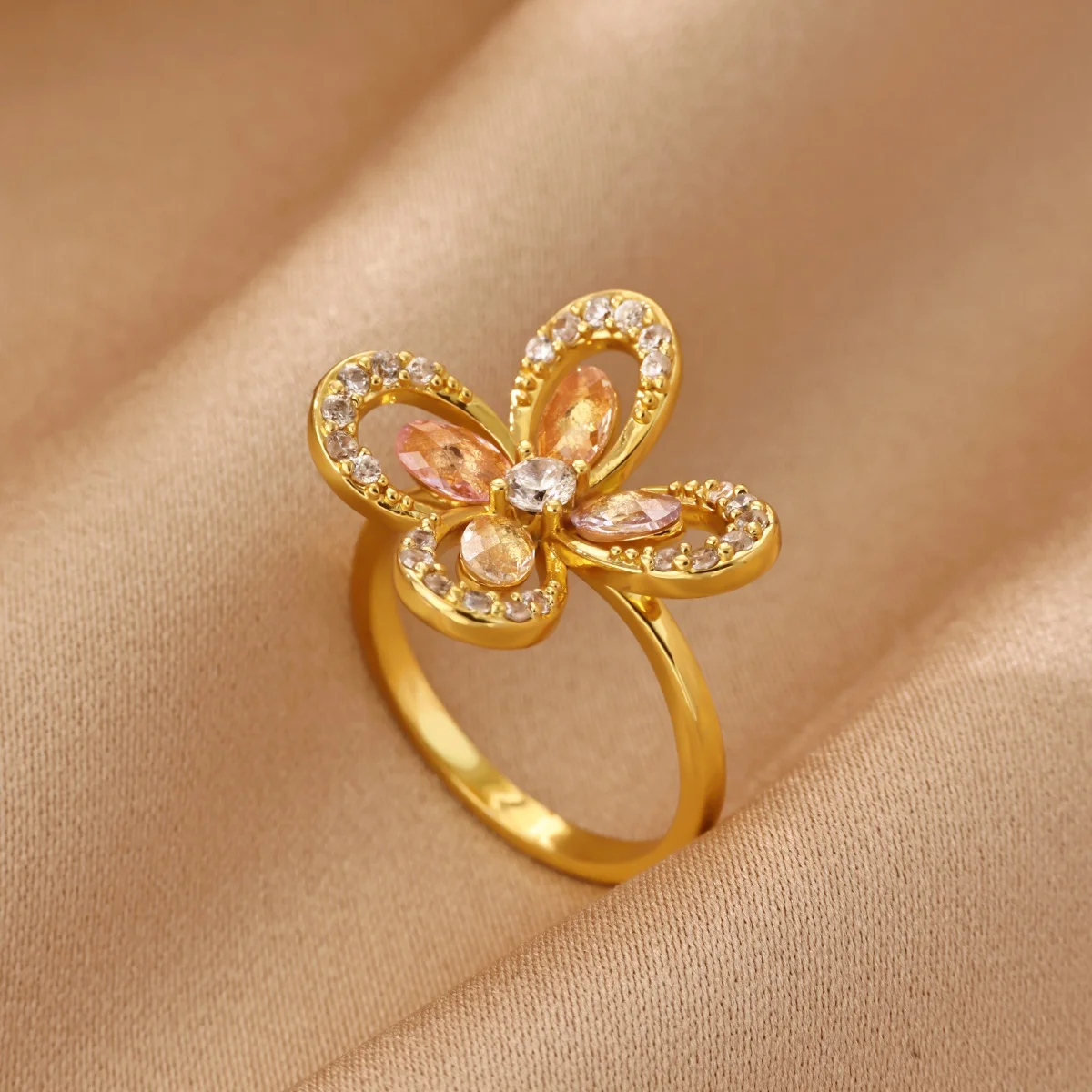 Elegant Zircon Hollow Geometric Flower Rings For Women 18K Gold Plated Flower Finger Ring Floral Stackable Statement Jewelry