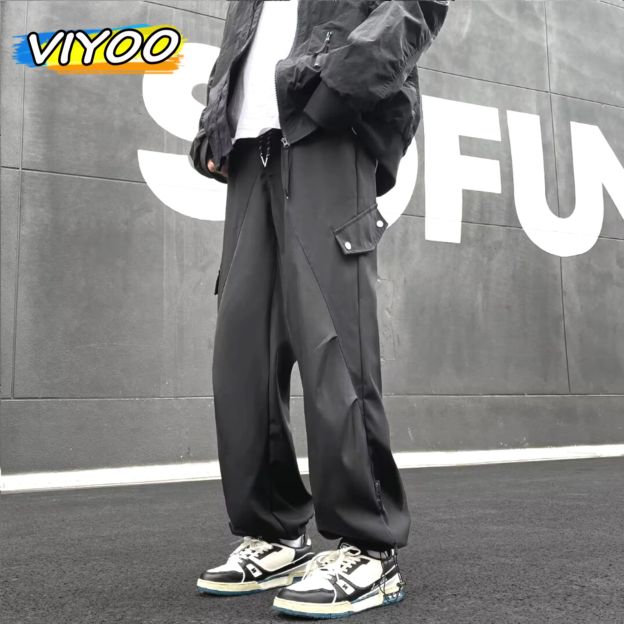 

Black Men' Y2K Casual Cargo Baggy Wide Leg Waterproof Track Pants Apparel Korean Style Clothes Techwear Tracksuit Sweatpants