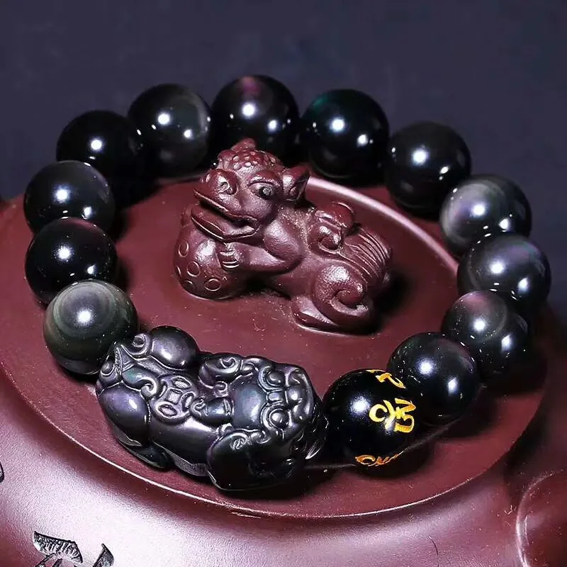 Obsidian Pi Xiu Men's and Women's Natural Double Eye Birth Year Bracelet Couple Ornament