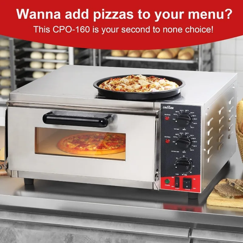 CROSSON ETL-horno eléctrico de Pizza para interiores, horno comercial con piedra para Pizza y temporizador de 60 minutos, acero inoxidable para interiores