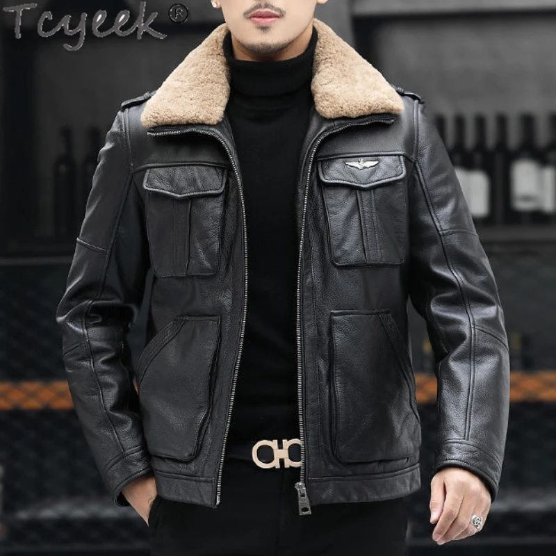 

Tcyeek Men's Puffer Jacket Cowhide Short Leather Jacket Men Black Thicken Warm Winter Coat Motorcycle Casaco Masculino Inverno