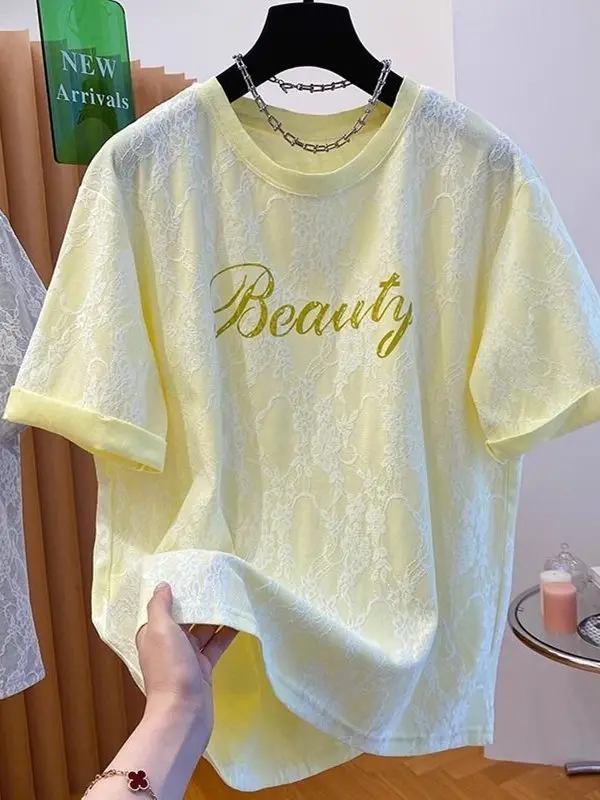 

Outlet Letter Lace Short Sleeve T-Shirt Women Summer New Loose Casual Fashionable round Neck Top Korean Style Commute Wind