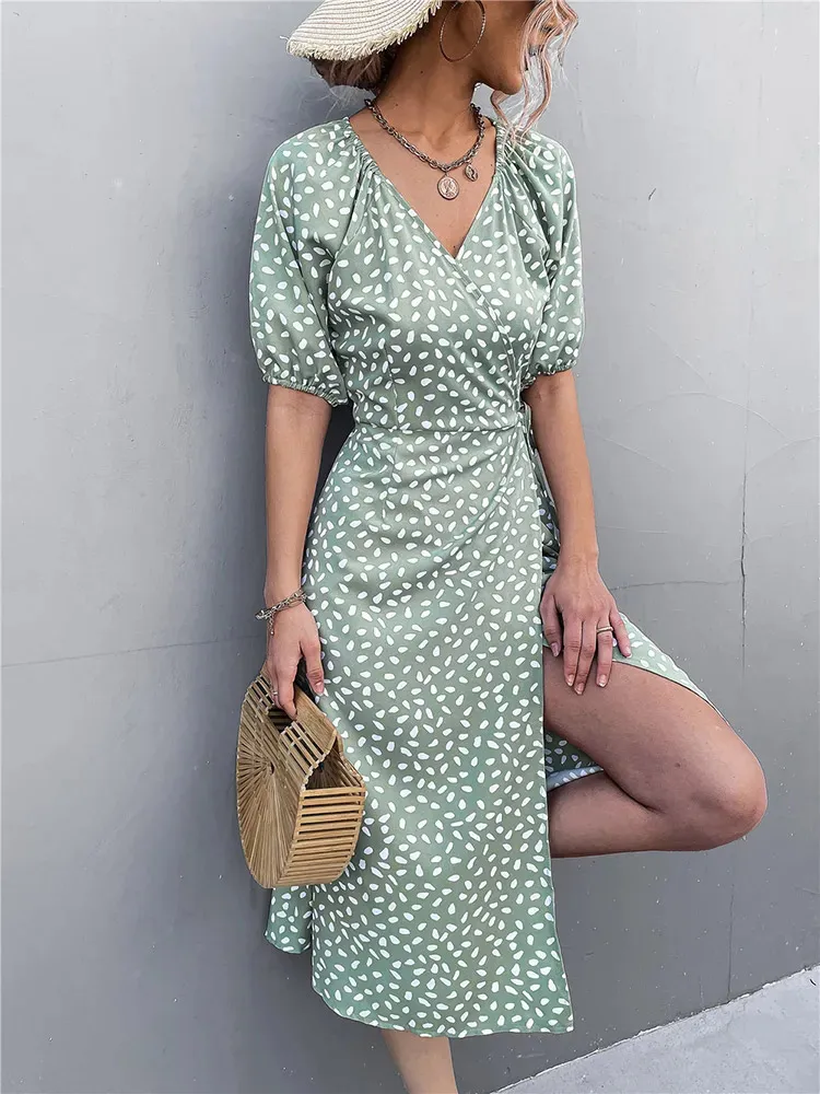 Szyfonowa sukienka damska V Neck Side Wrap Midi Dress Summer Polka Dot Dress Female Puff Sleeve Boho Fashion A-line Split Dress