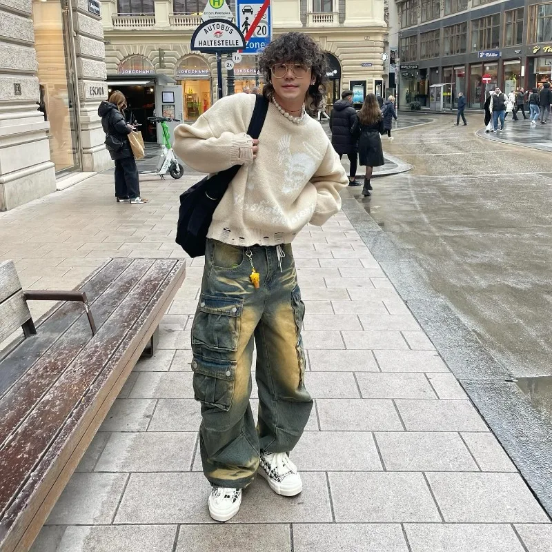 Streetwear New Stylish Three-dimensional Pocket Washed Baggy Jeans Men Y2K Gothic Retro Popular Casual High Waist Wide Leg Pants