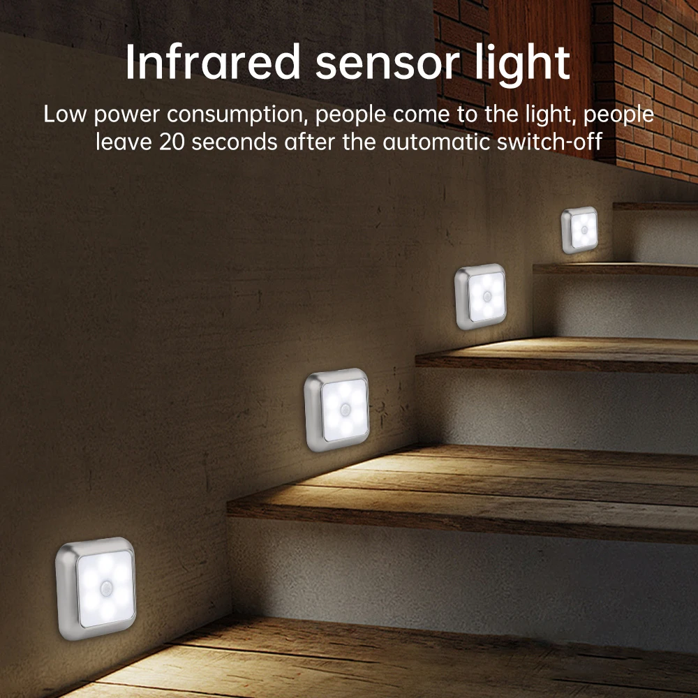 6 LED Motion Sensor ไฟกลางคืนในร่มบันไดเด็กซนแสงไร้สายไฟ LED ขั้นตอนภายใต้คณะรัฐมนตรีห้องโถงบันไดตู้เสื้อผ้าครัว