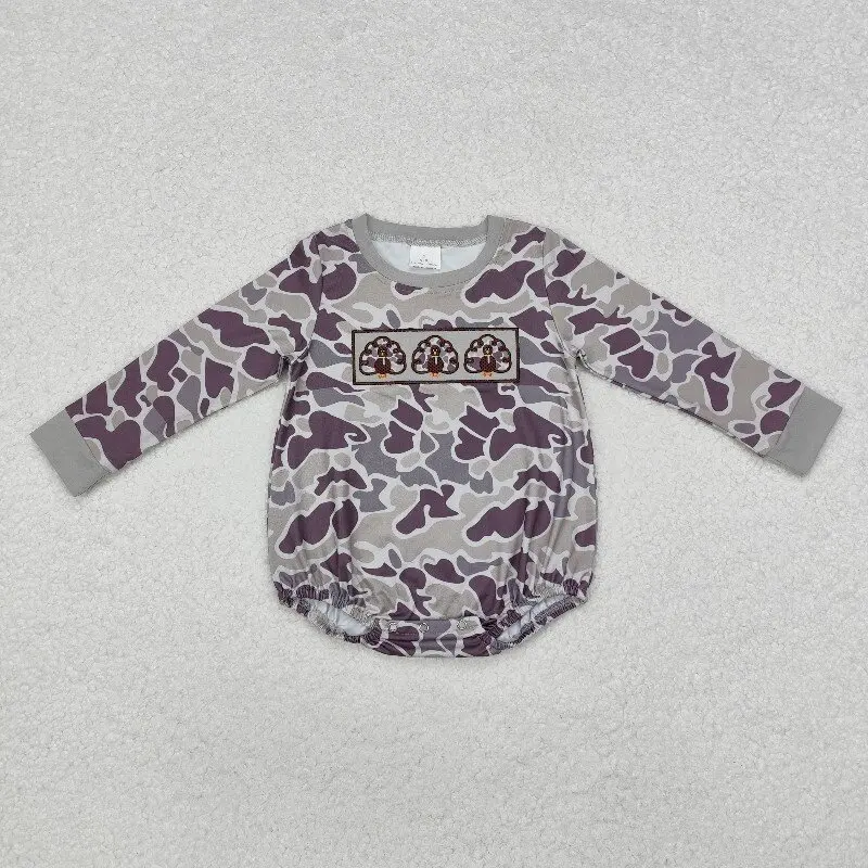 

8.19y Baby Boys Thanksgiving Boutique Romper Embroidered Camouflage Turkey Design Gray Long Sleeve Onesie for Infants