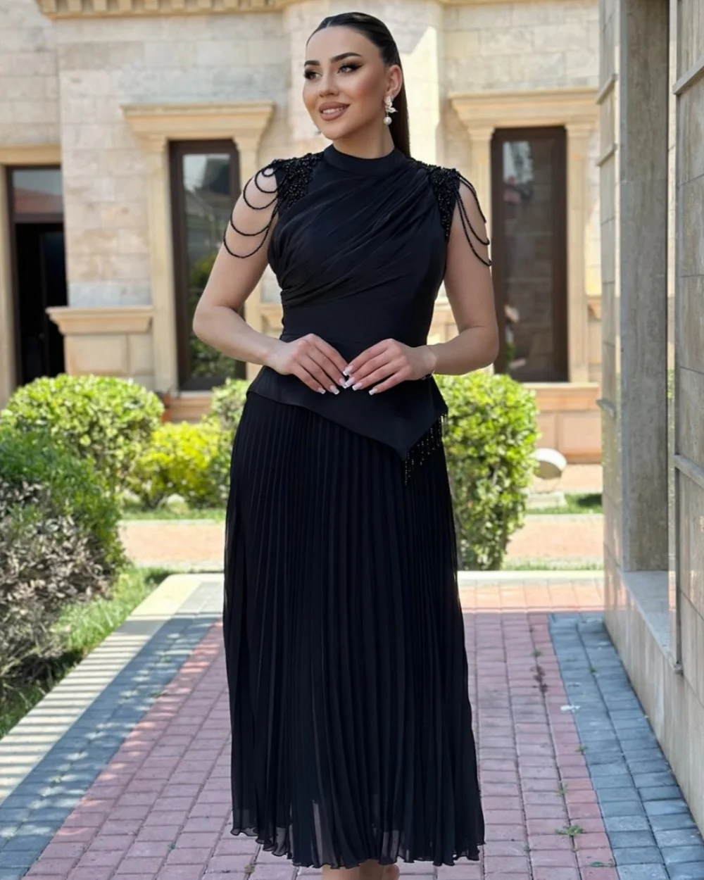 

Customized Elegant Matching Chiffon Beading Pleat Straight High Collar Ankle Length Dresses Bespoke Occasion Dresses Classic
