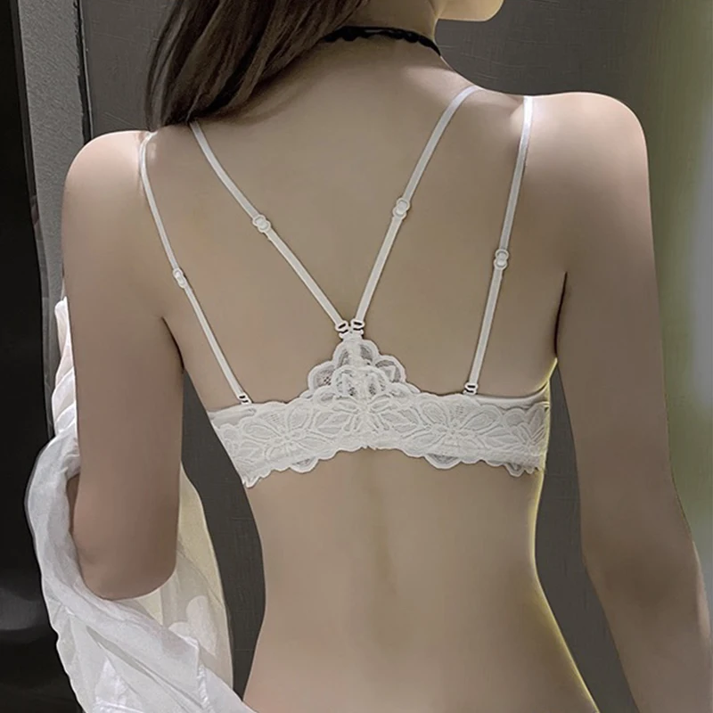 White Lace Thin Shoulder Straps Bra Comfortable Seamless Underwear Front Closure Women Gather Lingerie