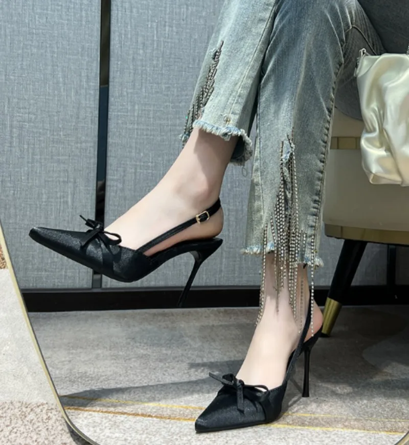 Women Pumps Ladies Sexy Buckle Strap Roman 9CM High Heels Pointed Toe Butterfly Knot Sandals Party Wedding Shoes Size 40 Black