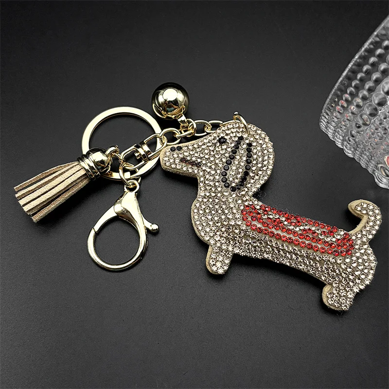 Glatter Dackel-Hund-Schlüsselanhänger für Damen und Herren, voller Kristall, niedlicher Tier-Welpen-Quaste, Damentasche, Zubehör, Schlüsselanhänger, Schmuck, Geschenke – Detail 5