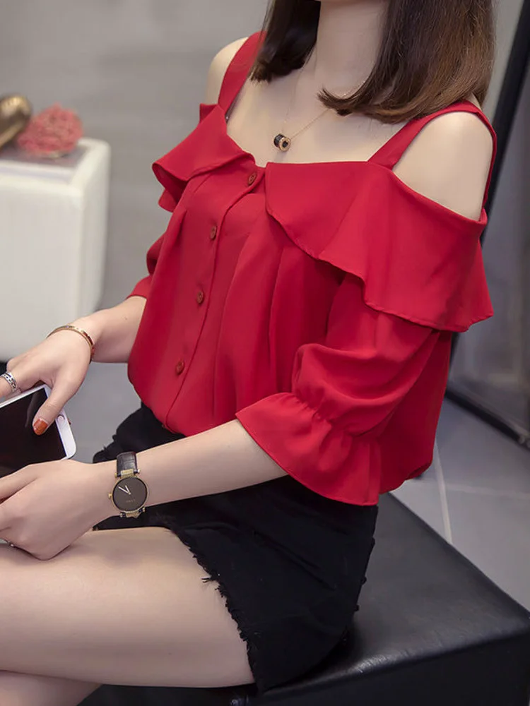 Oversize 5XL Off Shoulder Korean Blouses Female Summer Fashion Sexy Slash Neck Shirts Spaghetti Strap Loose Tops Single Breasted