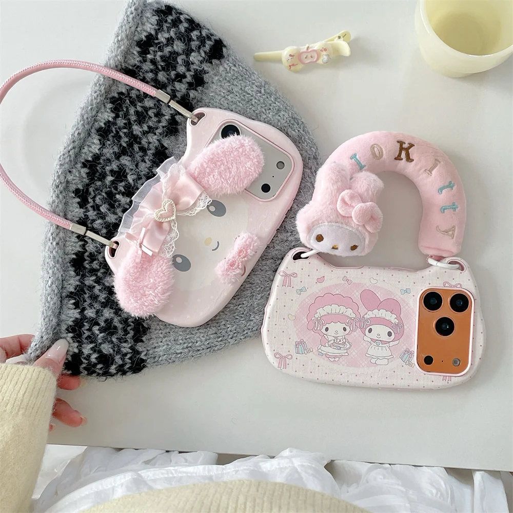 

Simple Polka Dot Plush Cute Melody Phone Case For iPhone 14 15 16 Pro 17 Pro Max Case Cartoon Fundas Handbag Protective Cover