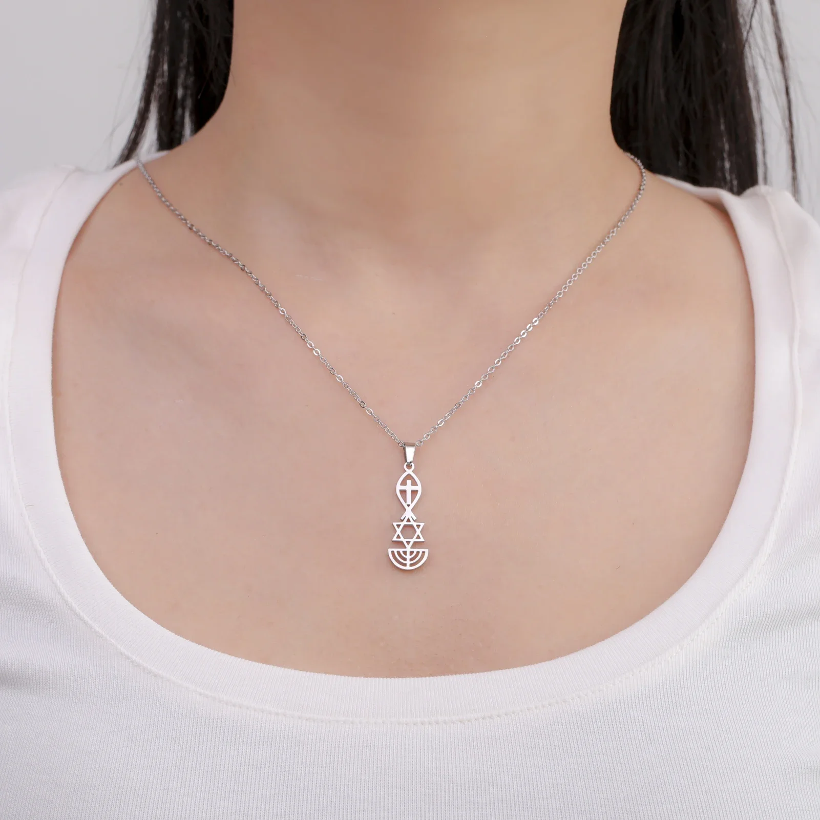 Cazador Jesus Fish Cross Necklace for Men Women Stainless Steel Star of David Double Layer Clavicle Snake Chain Amulet Jewelry