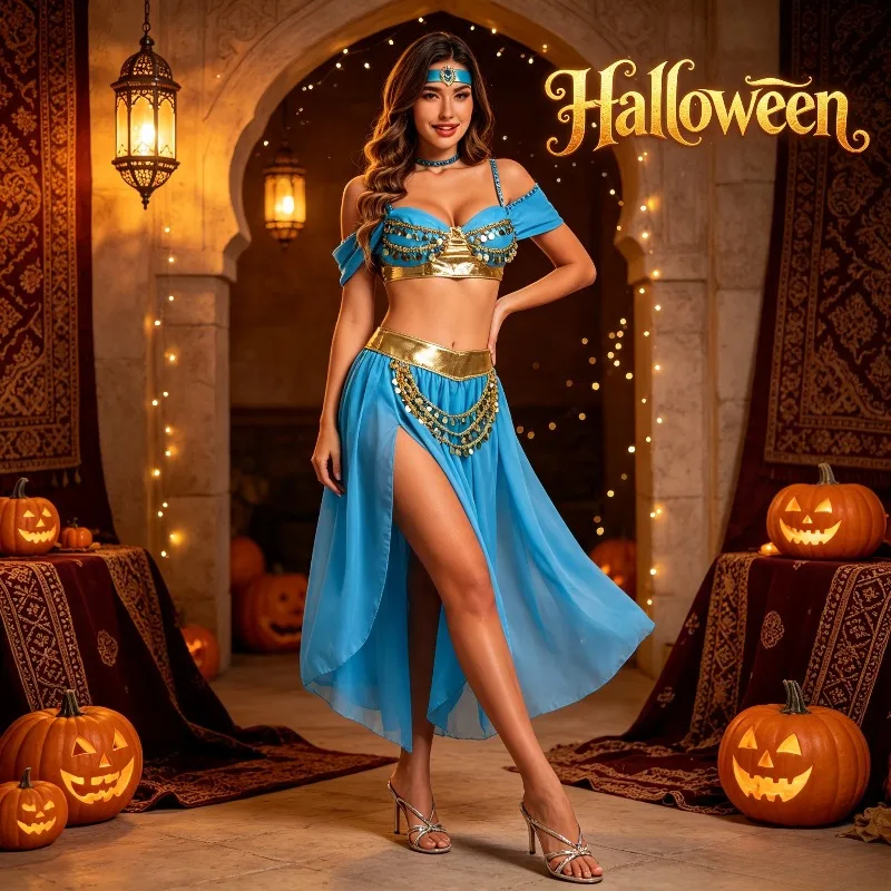 Conjunto de Disfraz de Danza del Vientre de Princesa Árabe, Traje de Cosplay de Halloween para Adultos, Vestido para Actuaciones en Escenario y Fiestas