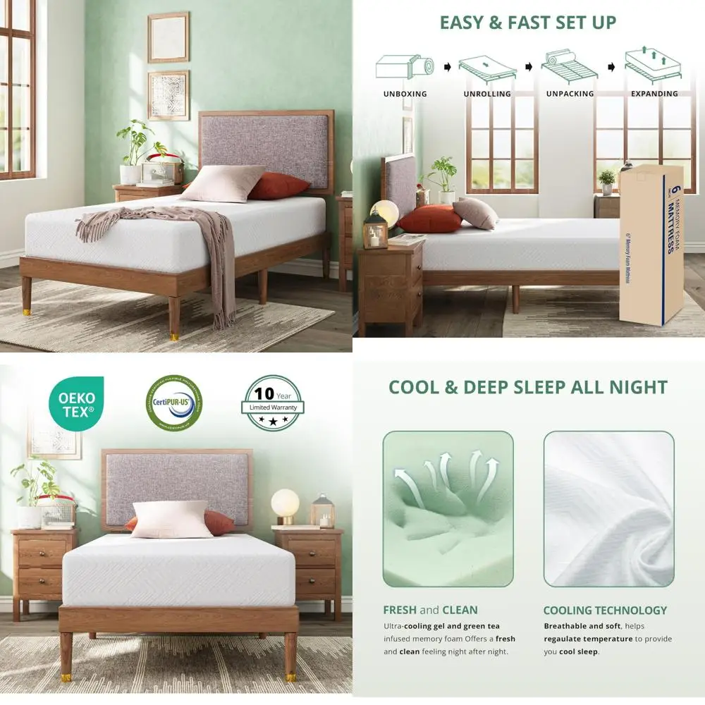 

Green Tea Memory Foam Twin Mattress - 6 Inch Gel Infused Mattress in a Box - CertiPUR-US Certified Fiberglass Free - Suitable fo