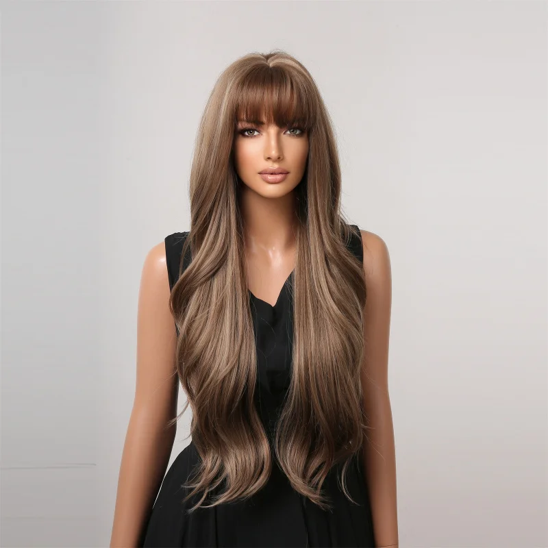 European American style long wavy curly hair with bangs, high-temperature fiber, naturally flattering and age-reducing, full