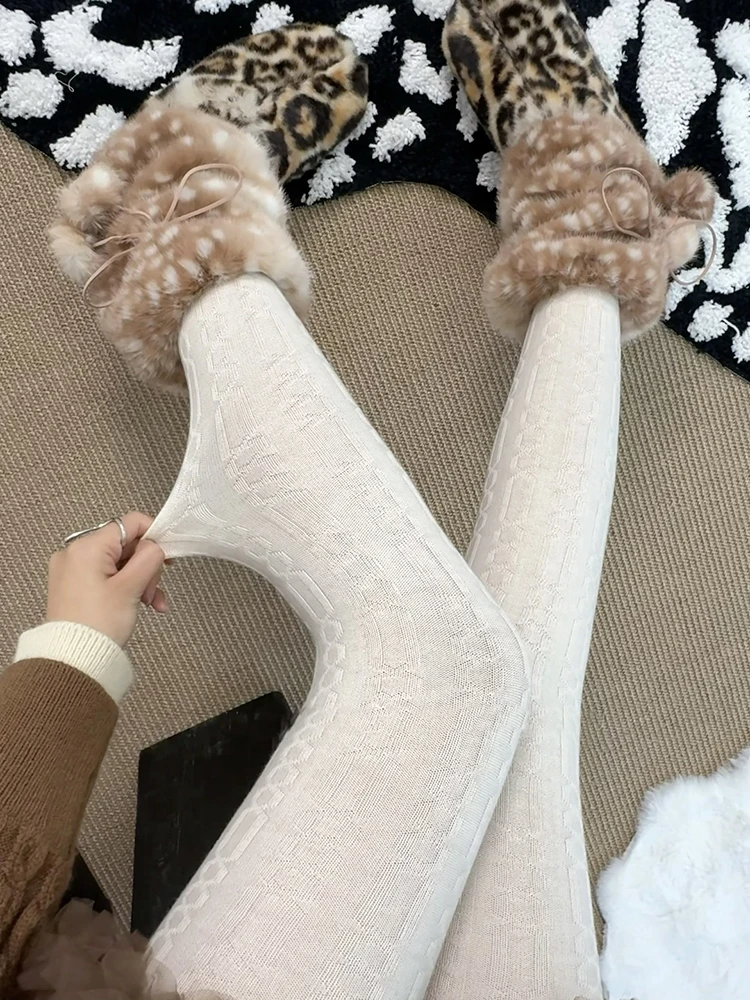 Y2K Vintage Chain Pattern Tights Women Basic Thickened Wool Tights High Streetwear Stocking Pantyhose For Winter
