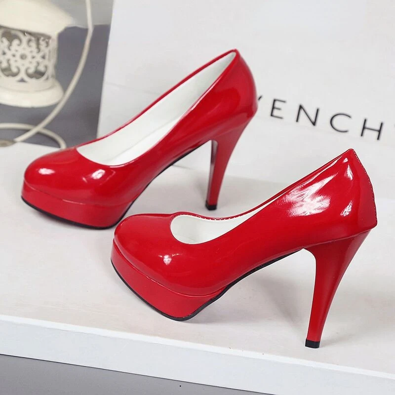 

10CM High-heeled Shoes Waterproof Platform Sexy Fine with Round Head Feet Korean Women's Shoes Patent Leather Large Size 42