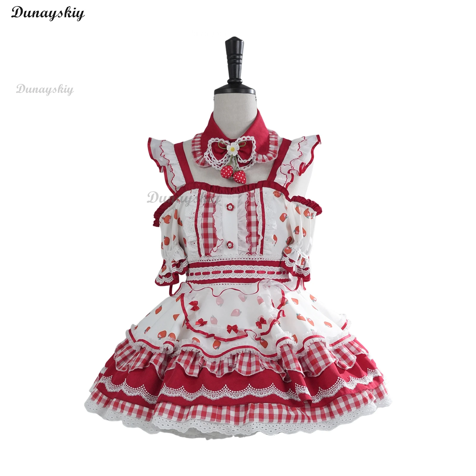 Sweet Cute Strawberry Print Strapless Maid Cosplay Lolita Outfit Set Women's Jirai Kei Top And Skirt Ensemble for Cosplay Costum