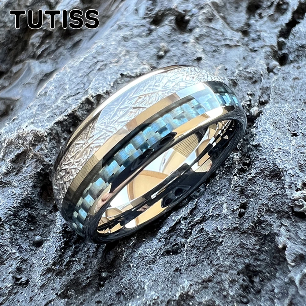 TUTISS 8mm Meteorite Carbon Fiber Inlay Tungsten Ring Men Women Fashion Engagement Wedding Band Comfortable Fit