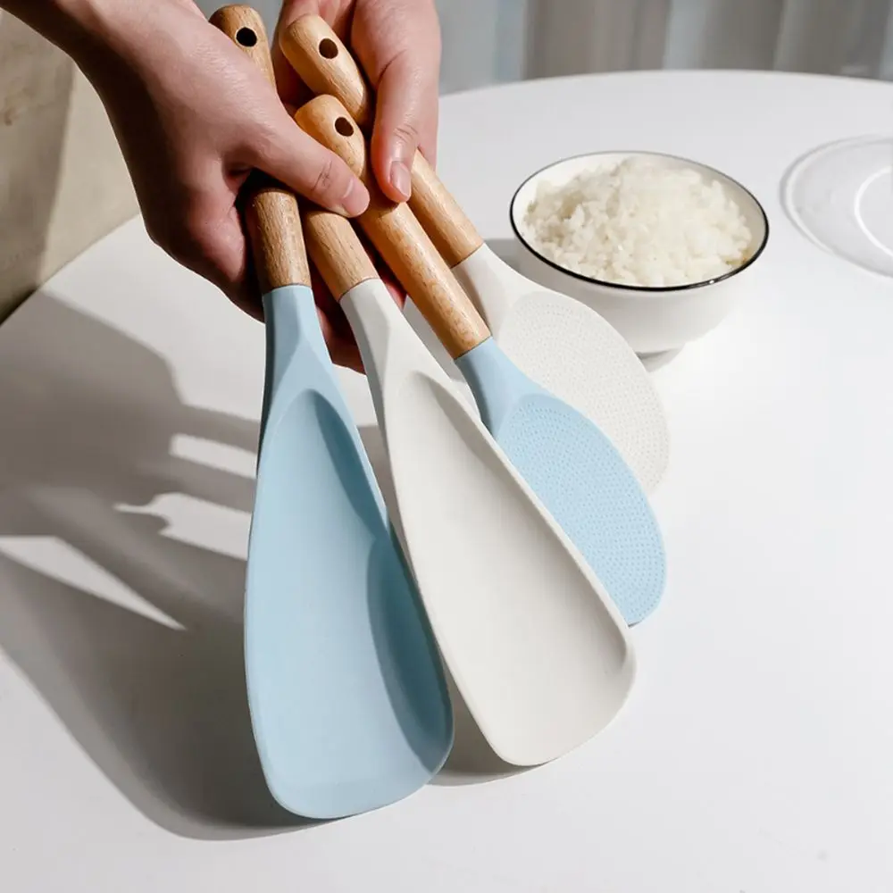 Eco-friendly Silicone Rice Spoon Wooden Handle Non-stick Rice Cooker Shovel Food Cooking Scoop Kitchen Accessories