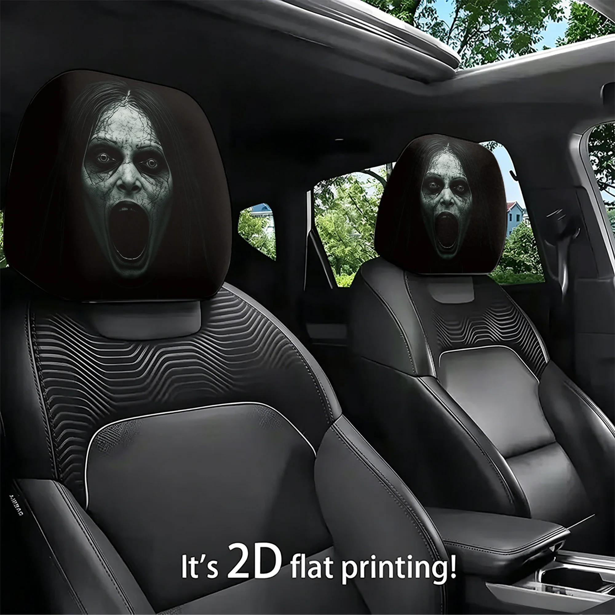 2pcs Set of Horror-Themed Car Headrest Covers, Featuring a Spooky Screaming Design to Add an Eerie Atmosphere to Your Car’s Inte