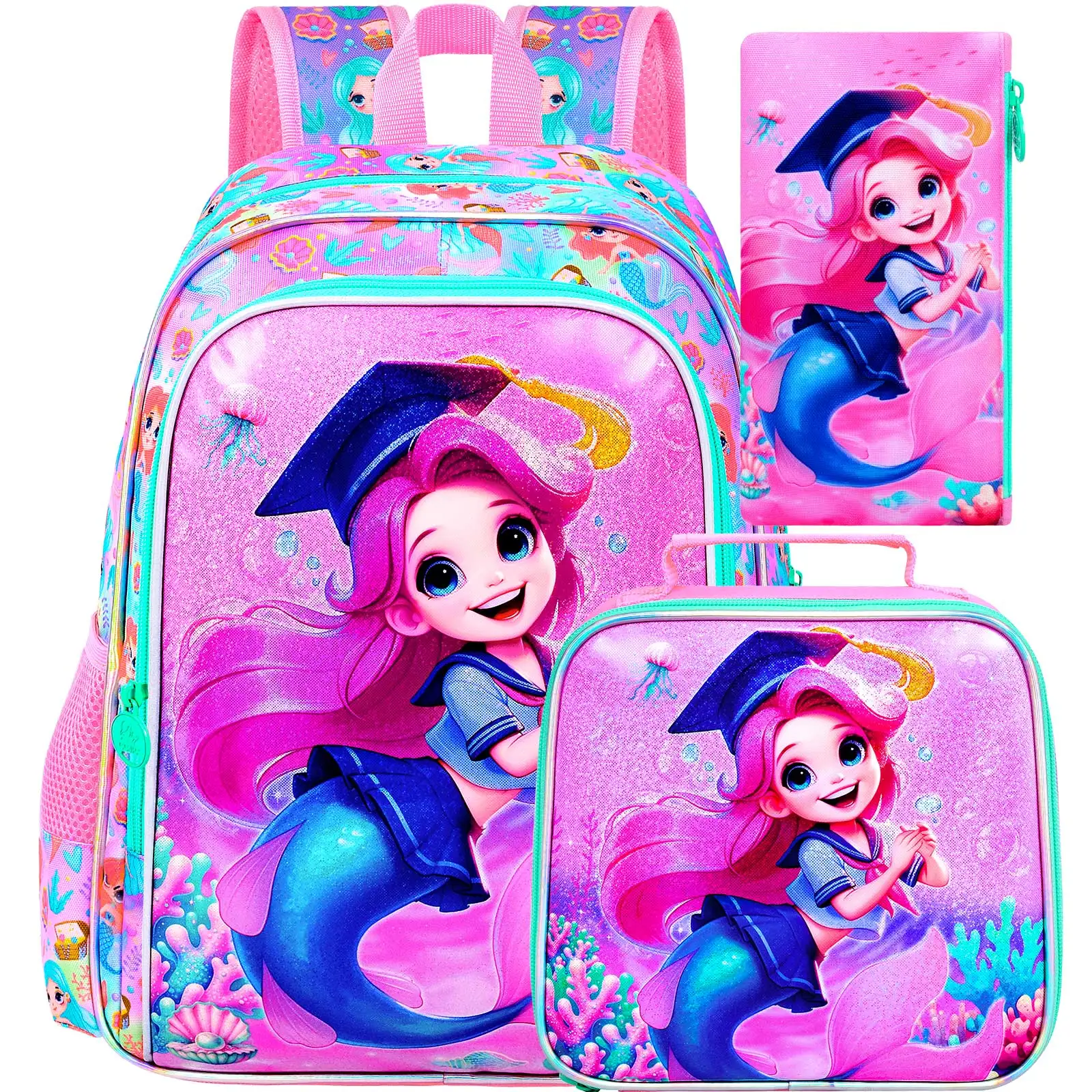 Mochilas de 3 piezas para niñas, mochila para niños de primaria de 16 pulgadas, mochilas escolares preescolares y fiambrera