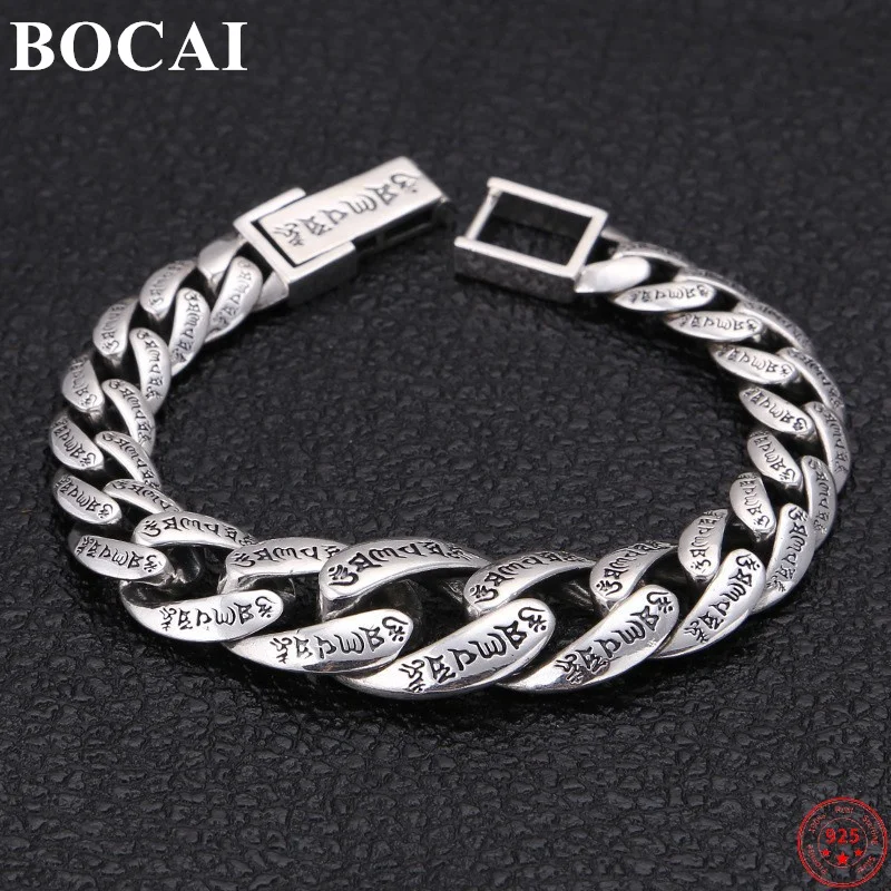 

BOCAI S925 Sterling Silver Bracelet for Men New Fashion Six Character Truth Wide Cuban Link Chain Amulet Jewelry Free Shipping