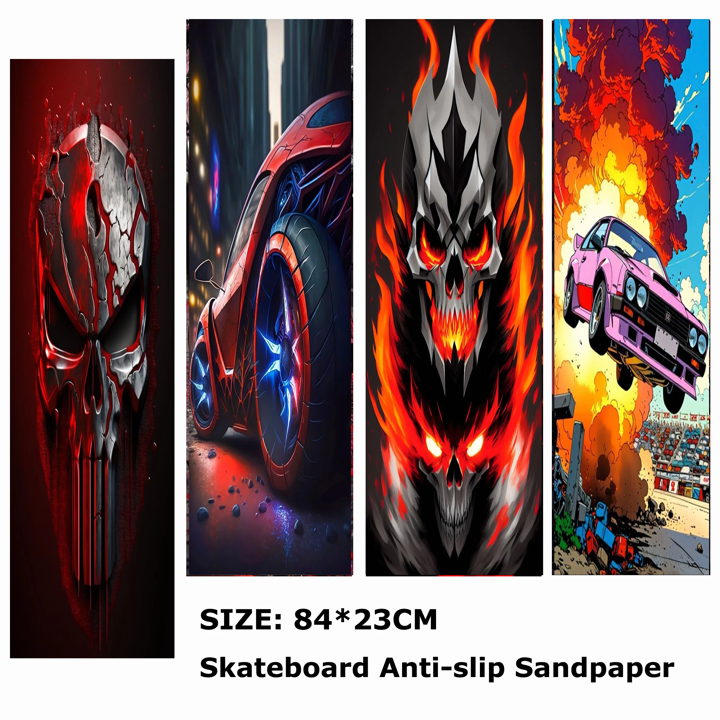 

Red Skull Colorful Car Pattern Electric Scooter Anti-slip Sticker Sandpaper Skateboard Grip Tape Sheet 84*23cm