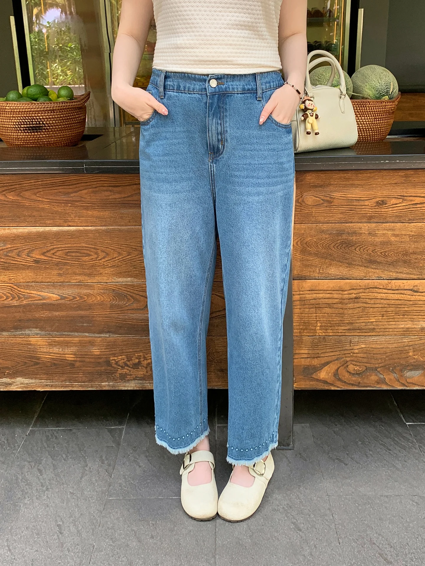 

Maxixe plus Size Women's Jeans Frayed Hem Nine-Tenths Straight Leg Glued Cuff Summer Loose Slimming Pants Casual Style