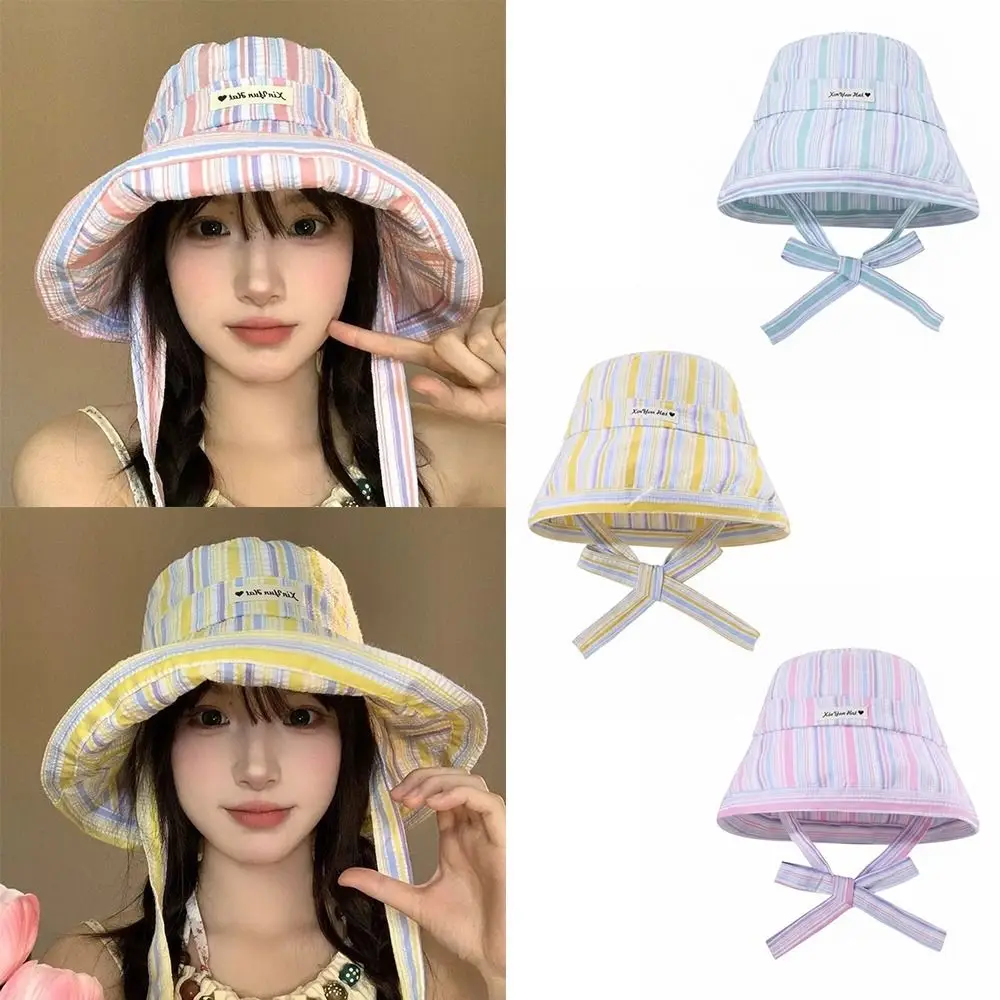 

Fresh Literary Lace-up Bucket Hat Colorful Striped Thin Fisherman Hat Large Brim Wide-edged Summer Cap Women