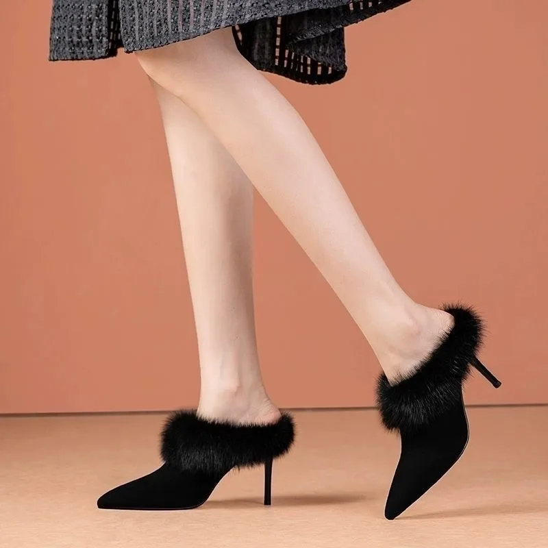 

Fur Slippers Women's New Pointed Toe Plush Baotou Half Slippers for Autumn and Winter