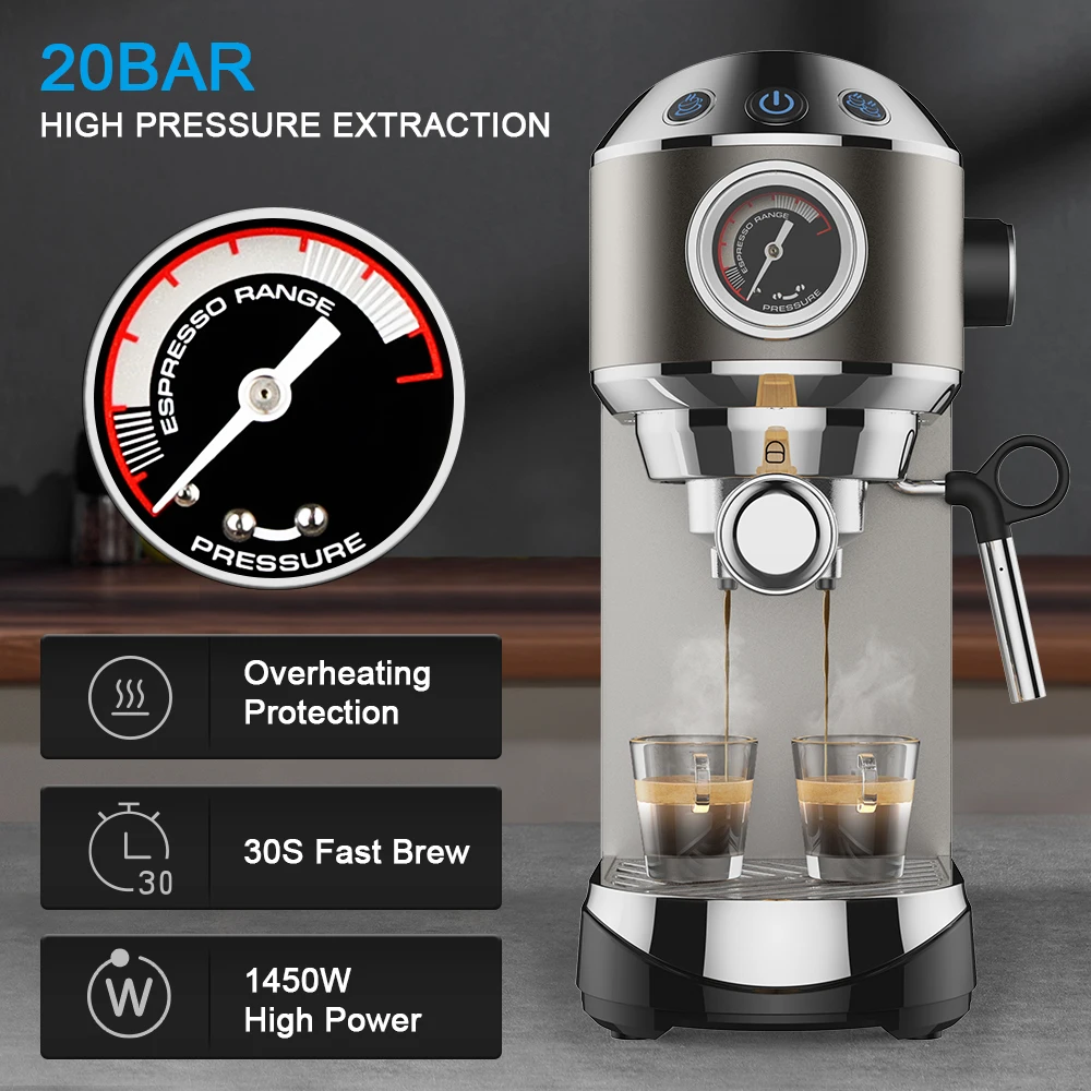 20 Bar Semi Automatic Powder Coffee Machine,with Milk Steam Frother Wand, for Espresso, Cappuccino, Latte and Mocha