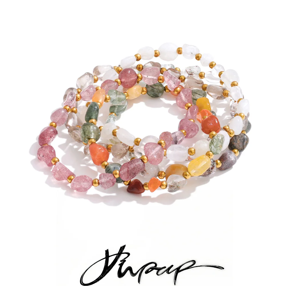 Yhpup Edelstahl-Armband mit handgefertigten Perlen, trendiger Erdbeerquarz, Mondstein, verstellbare elastische Kette, Handgelenkschmuck
