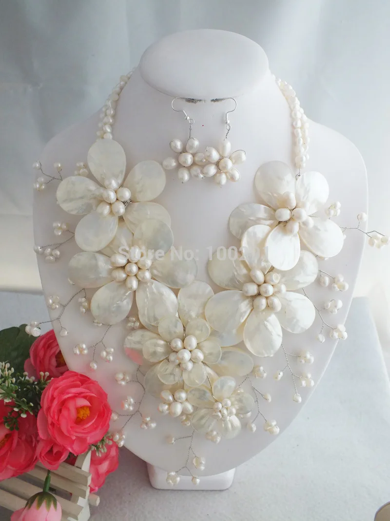 Nigerial Wedding Shell Beads Pearl Flower Necklace Earring 20\