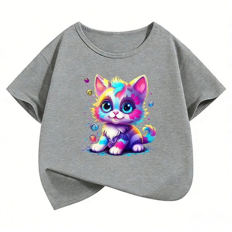 Funny Colorful Cat Design T-Shirt Printed T Shirt Girls' Summer Clothes Short Sleeve Tops T-Shirts Cute Cat Girls Clothing