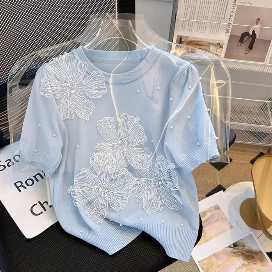 Suéter de manga corta con flores de encaje francés para mujer, blusa impresionante azul, camisa elegante holgada dulce de verano 2024