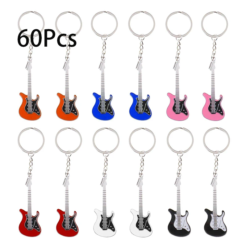 60Pcs Guitar Keychain for Men Mini Cute Bass Key Chain Ring for Kids Car Keyring Electric Guitar Key Holder