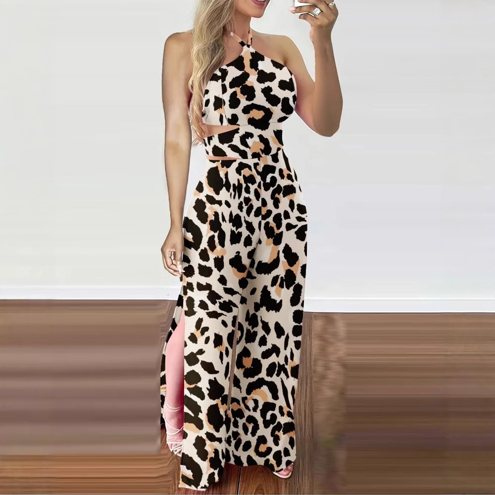 여성 봄 여름 점프 슈트 레오파드 프린트 컬러 민소매 하이 웨이스트 와이드 레그 팬츠 캐주얼 패션 편안한 레귤러 외장