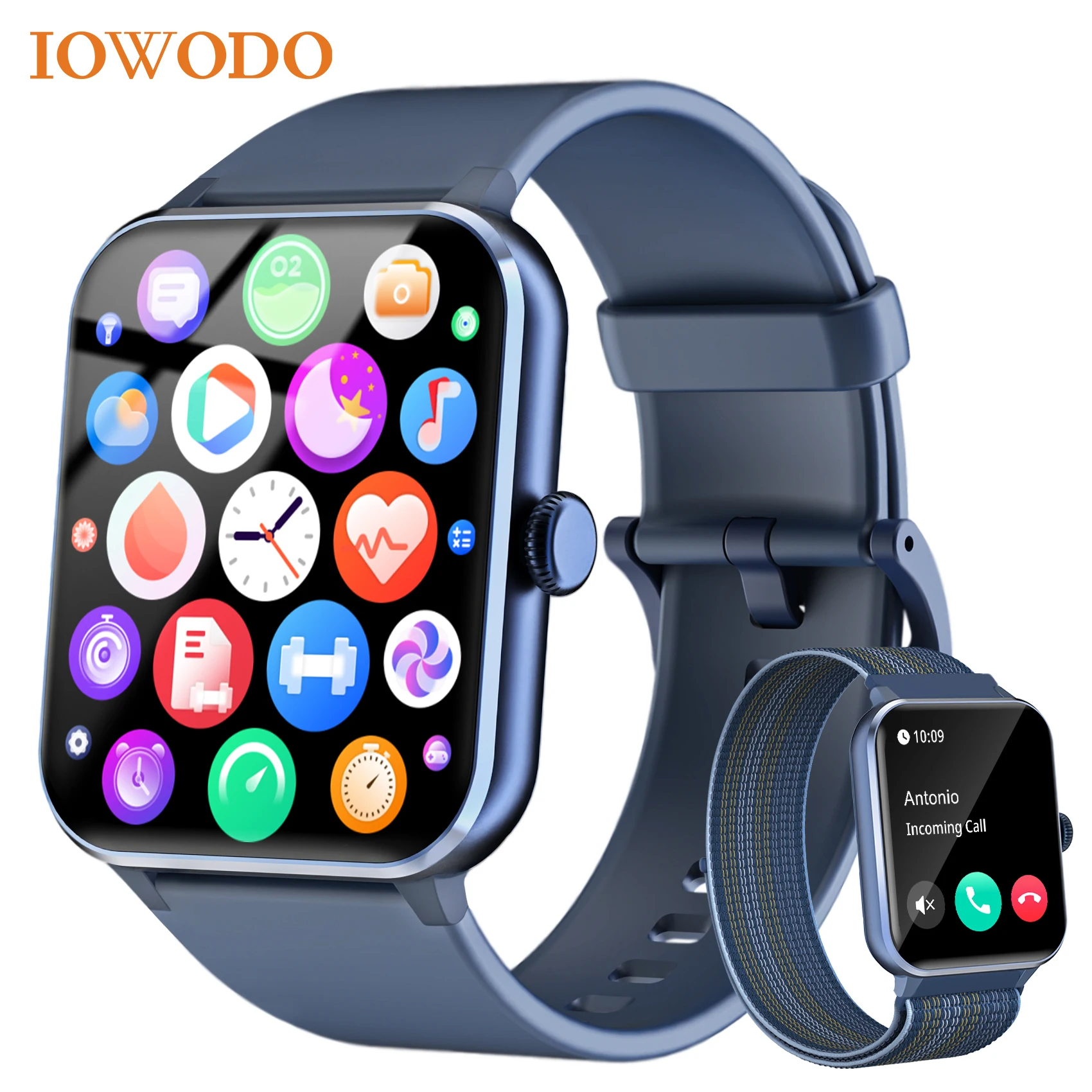 IOWODO 1.85” Full Touch HD Smartwatch Bluetooth Calling Smart Watch with Voice Assistant 100+ Sports Fitness Tracking Watch