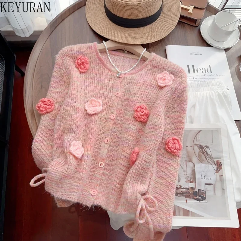 Sweet Three-dimensional Flower Pink Knitted Cardigan Women\'s Autumn Winter O-Neck Long Sleeve Drawstring Design Casual Sweater