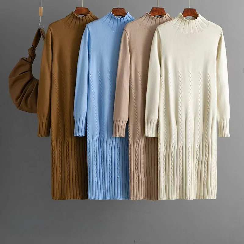 Vestido Midi de Malha em Cor Pura para Outono Inverno, Camada Base de Manga Longa com Cintura Alta para Mulheres