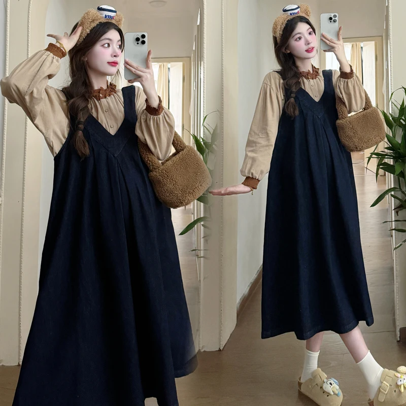 Plus Size Casual Pregnant Woman Denim Dress with Pockets Long Loose Sleeveless V-Neck Maternity Sundress Vintage Pregnancy Dress