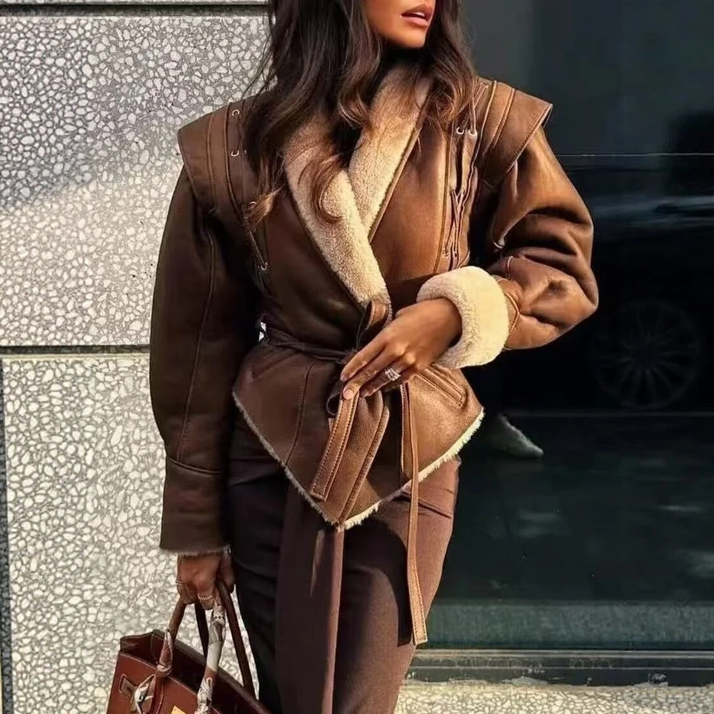 المرأة الخريف الشتاء طويلة الأكمام التلبيب معطف بارد الحلو بلون الصوف الزنانير ملابس خارجية غير رسمية للسيدات