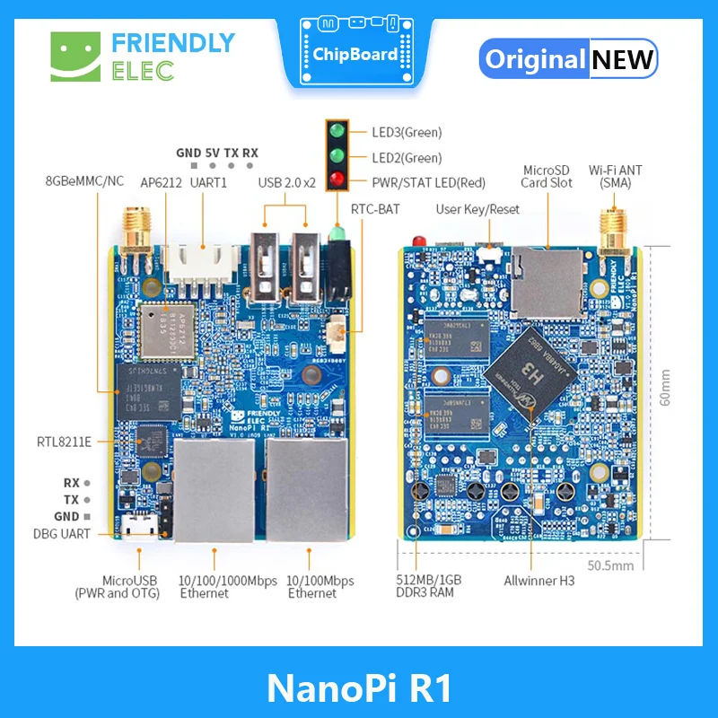 Imagem -02 - Allwinner h3 Dual Ethernet Port Wifi e bt Onboard Emmc Usb e Porta Serial para Lote 1gb Nanopi-r1