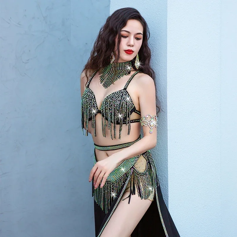 Belly Dance Set Diamond-Studded Tassel Bra Long Skirt Performance Clothes Suit Women Oriental Dancewear Competition Clothing