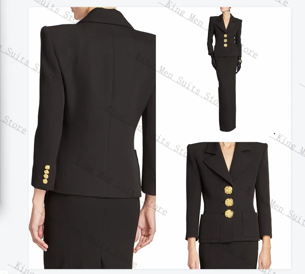 

Black Women Suits Skirt Set 2 Piece Blazer+Long Prom Dress Customized Office Lady Jacket Wedding Tuxedo Gold Buttons Party Coat