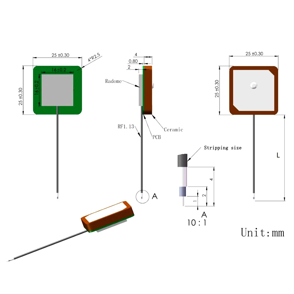 Beidou antena dual con IPEX MHF1, parche interno de 28dBi, GPS activo