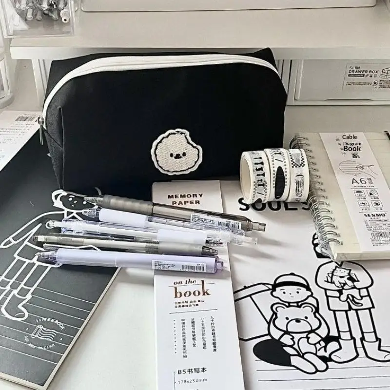 Black Puppy Canvas Pen Bag Pencil Case Student Cartoon Stationery Organizer For Teen School Supplies