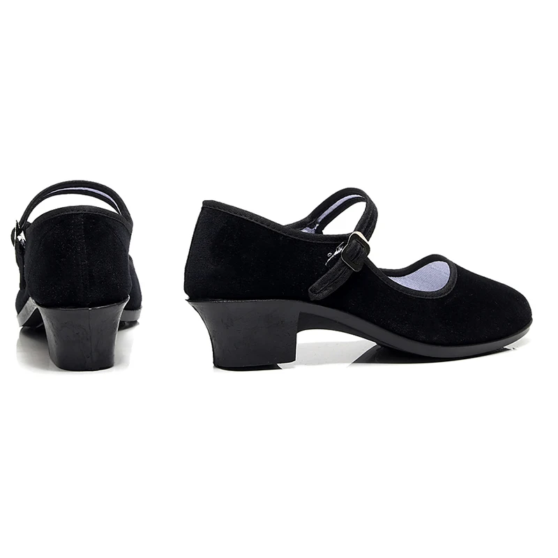 Yangko – chaussures de danse en flanelle pour femmes, noires, résistantes à l\'usure, à talons hauts carrés, pour enseignant, danse folklorique,